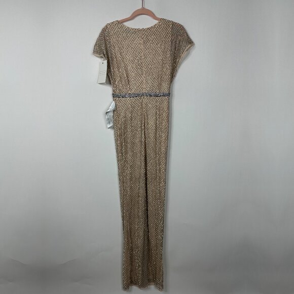 NWT Mac Duggal Beaded Short Sleeve Column Gown Nude Silver 2 #A0177 - Picture 5 of 8